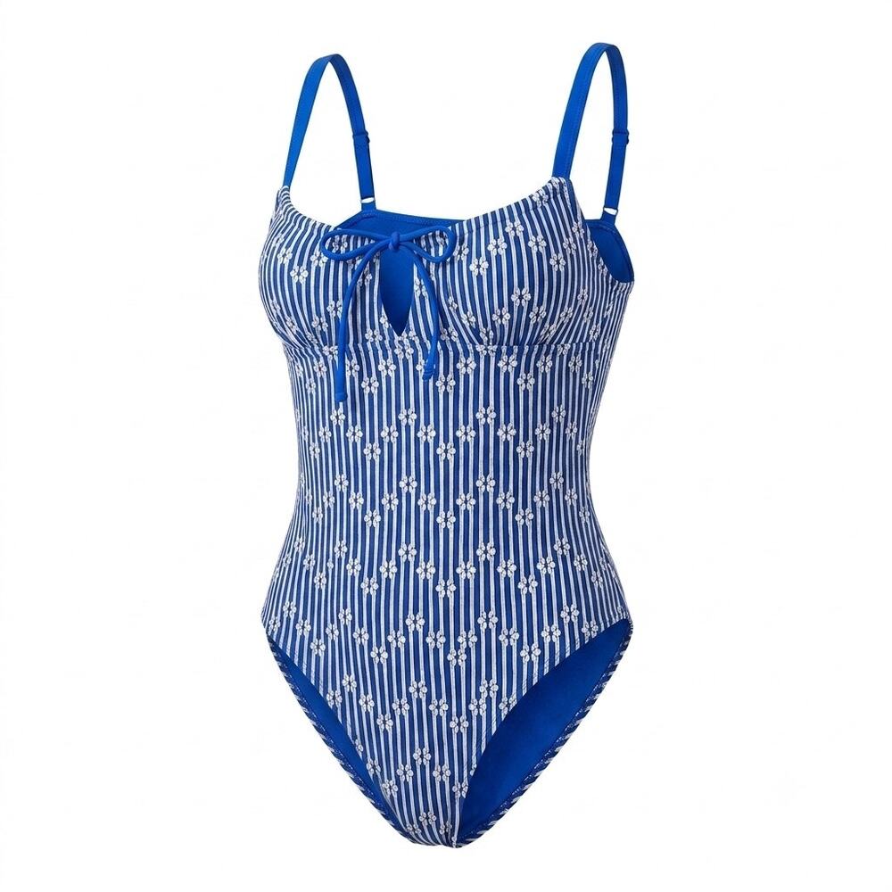 SEAMOLLY 1950s Pin Up Blue One Piece Swimsuit Sz S Cutout Nautical Retro NWT